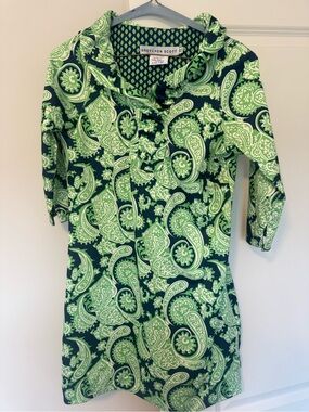 Gretchen Scott Designs Lime and Navy Paisley Ruffle-Front Mini Dress